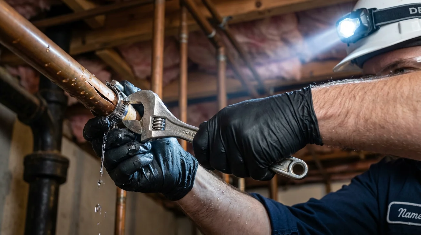 Emergency pipe clamp repair being performed by a Johns Plumbing LLC plumber in Spring Hill