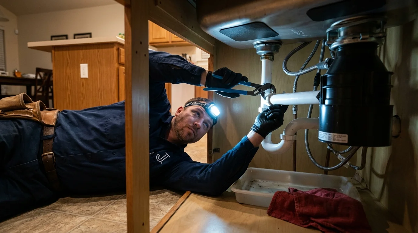 P-trap and supply line connections under a kitchen sink showing a common leak point in Spring Hill, FL